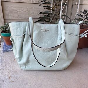Kate Spade New York Mint Green Leather Zip Tote Large Work Bag Carryall Spring